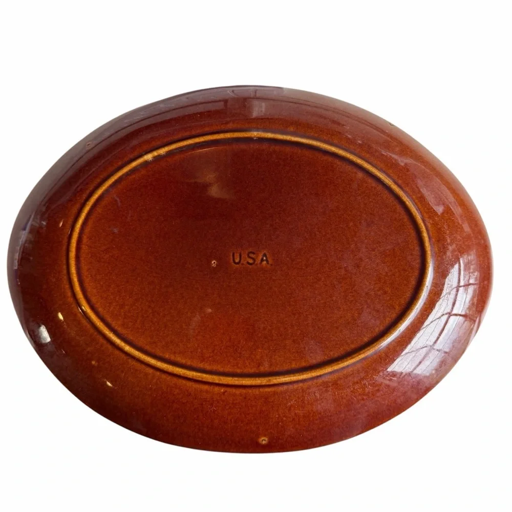 Vintage USA Brown Drip Glaze Oval Serving Platter 13x10 Stoneware Pottery Dish